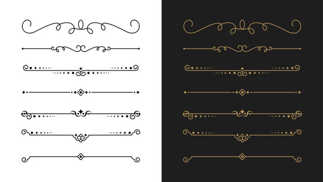 Set of decorative divider designs featuring ornate border flourishes. Classic ornament collection ideal for vintage frames, typography decoration, invitations, wedding cards, certificates.