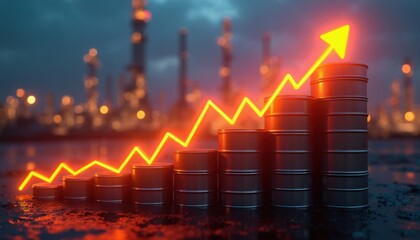 Fototapeta premium Oil barrels stack up, forming a bar chart. Yellow line graph with arrow shows rising price trend. Refinery plants glow in background.