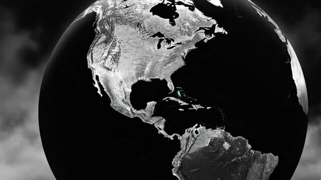 Black and white globe with glowing dot in the caribbean against cloudy dark background