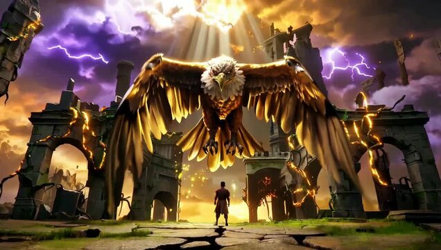 Cinematic fantasy animation of a giant eagle descending over a lone warrior in mystical ancient ruins during a storm