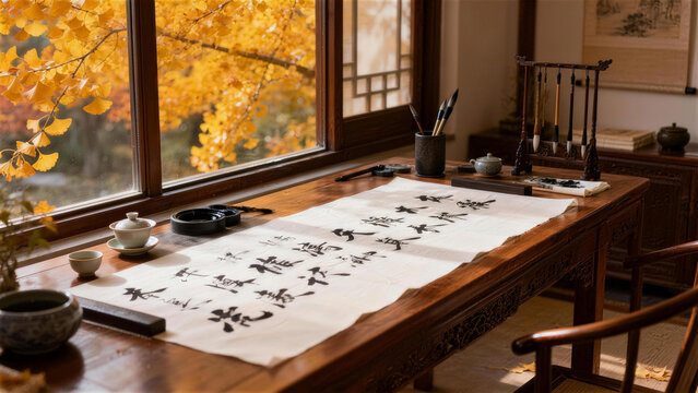 Ink Art Workspace: An inviting workspace is illuminated by sunlight streaming in from the window, showcasing the essence of traditional art, the tools and the calligraphy in harmony. 