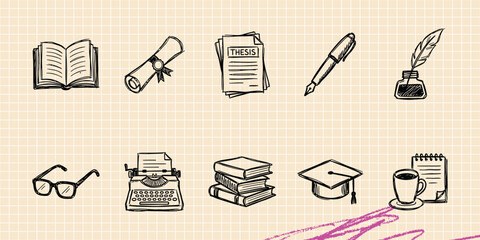 Black ink scribble doodle vector vintage hand drawn set of literature writing tools feather pen ink and books © Broke Stoke
