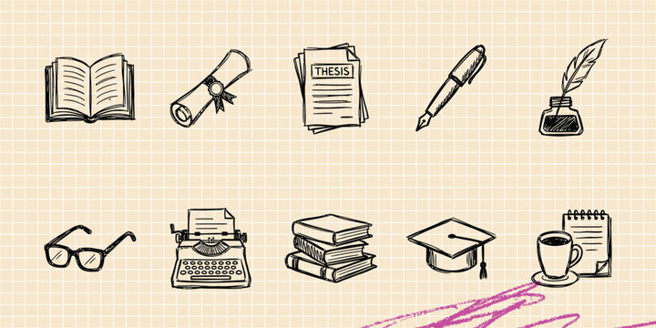 Black ink scribble doodle vector vintage hand drawn set of literature writing tools feather pen ink and books