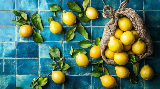 41.Flatlay of bright yellow lemons and ripe pears arranged on vintage blue tile surface, scattered glossy green leaves, rustic fruit bag partially open, vibrant fresh produce aesthetic.