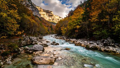 Obraz premium Stunning river scene with autumn foliage and a towering mountain