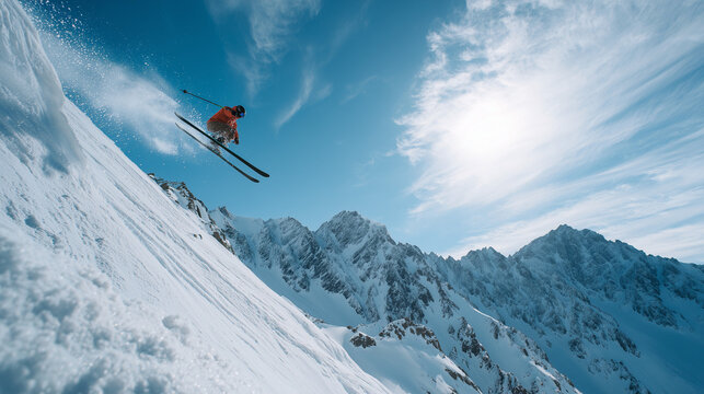 Airborne Descent: A skier fearlessly carves through fresh powder, launching into a gravity-defying jump against the backdrop of majestic snow-capped peaks.