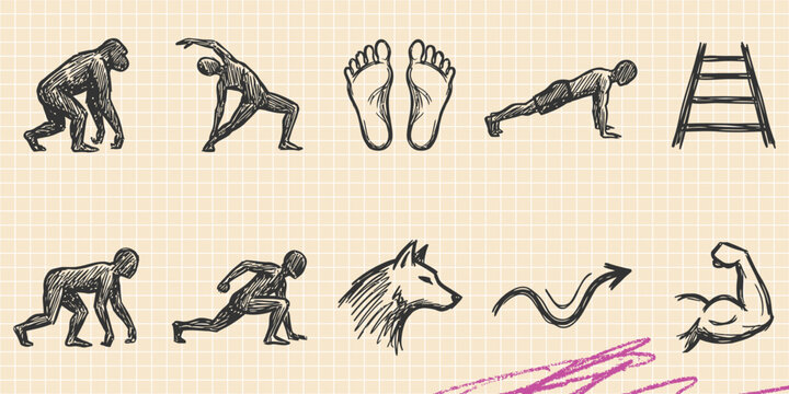 Black ink scribble doodle vector vintage hand drawn set showing human evolution and historical development