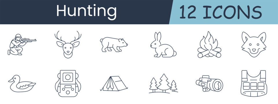 Hunting set icon. Hunter, deer, bear, rabbit, campfire, wolf, duck, backpack, tent, forest, rifle scope, vest, wildlife, outdoor, tracking