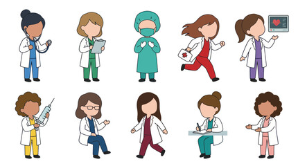 Fototapeta premium Cute Cartoon Doctors Nurses in a Flat, Vector Art Style
