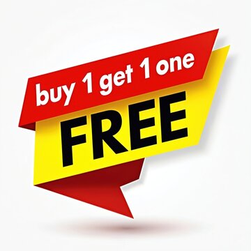 Red and yellow sign advertises buy one get one free deal. Bright graphic banner promotes special offer for shoppers, stores, marketing and sales.