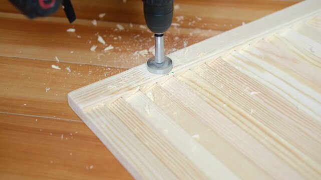 Close-up of electric drill making hole in wooden board. Clean woodworking scene. Natural light. Detailed wood texture. DIY project, craft, construction, home improvement. Copy space. slow motion