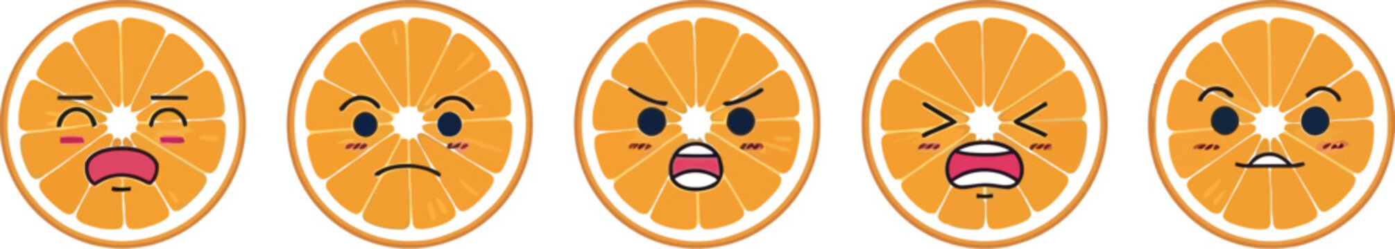 Cute cartoon citrus orange fruit characters displaying a variety of different angry and upset facial expressions in a row on a clean white background