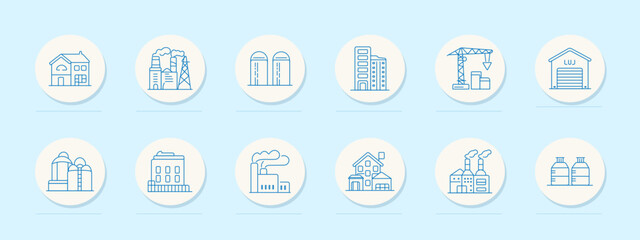 Industrial buildings factory set icon. Minimal line badges, house facade, power plant, storage silos, office tower, construction crane, warehouse, refinery tanks, apartment block, manufacturing plant © Кирилл Макаров