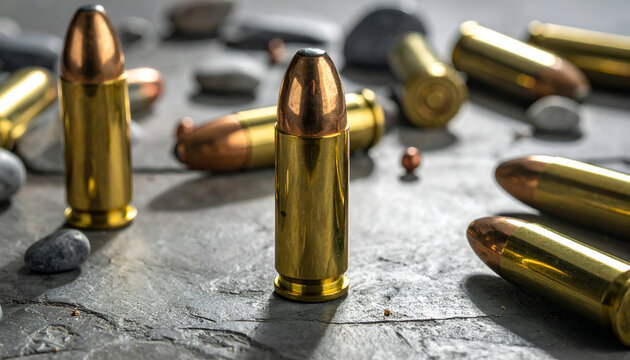 Close-up of 9mm pistol ammunition scattered on a textured surface.