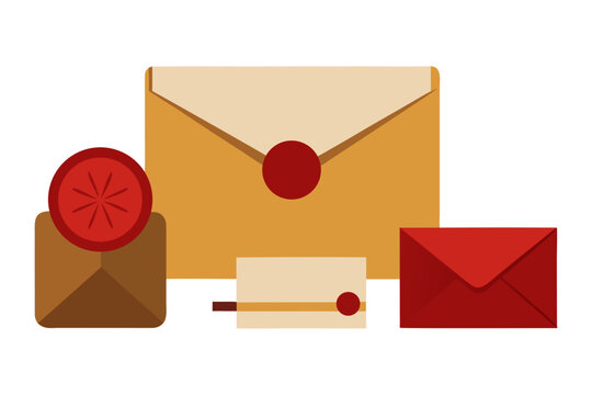 Vector envelopes, sealed letters, and wax stamps, colorful correspondence icons