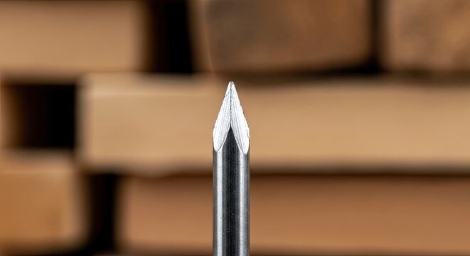 Close up of a sharp metal nail tip against a blurred wooden background.