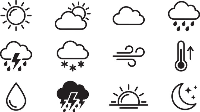 Black and white line collection of weather, nature, and household symbols weather symbols cloud