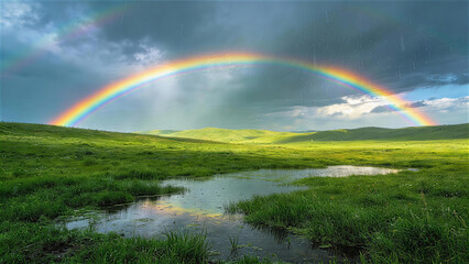 Obraz premium Rainbow's Embrace: A vibrant rainbow arcs gracefully across a sprawling landscape of lush greenery, under a dramatic, cloudy sky, creating a breathtaking moment of natural beauty and wonder.