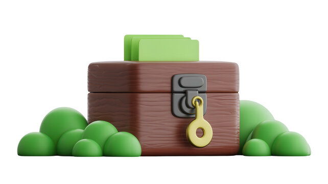 3d illustration of a wooden treasure chest with green documents or cards inside, secured with a golden lock, surrounded by stylized green bushes isolated on transparent background
