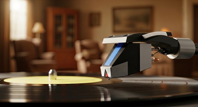 Close-up of a record players needle poised over a spinning vinyl record in a cozy living room.