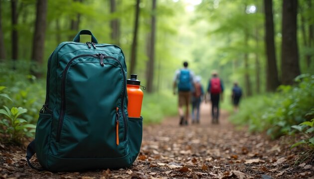 Green backpack sits on forest path beside orange water bottle. Hikers walk on trail among trees in background. Nature hike, outdoor adventure, exploration trip.