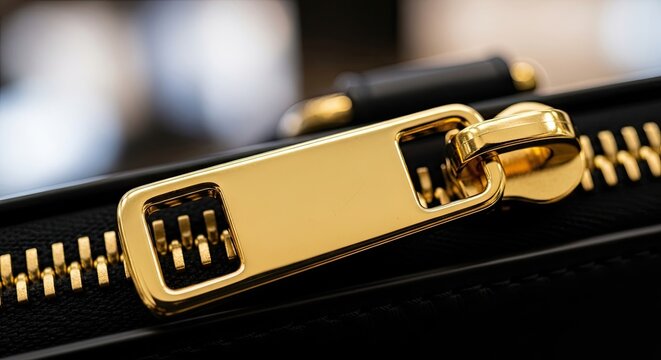 Close-up of a shiny golden zipper pull on a black bag.