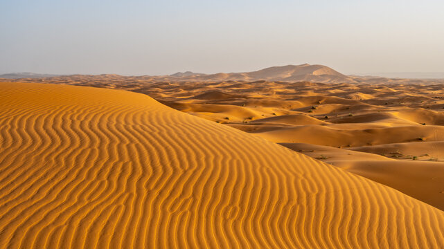Vast sand dunes fill the landscape in Erg Chebbi, near Merzouga, Morocco. The sun casts shadows on the rippled surface of the sand, creating patterns throughout the area.