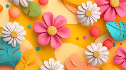 Obraz premium 35.Bright summer backdrop featuring 3D plasticine-style flowers, rounded petals, layered leaves, colorful dots scattered, playful clay textures, cheerful vibrant vector aesthetic.