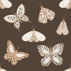 Naklejka premium Seamless pattern with soft beige and brown watercolor butterflies in animal print textures isolated on dark brown background. Elegant repeat design for textiles, fashion, packaging, and decoration