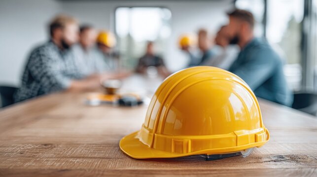 Yellow hard hat on a wooden table with blurred construction workers in the background