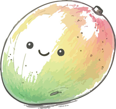 Hand drawn pencil sketch of a cute smiling mango character featuring vibrant gradient colors on a clean white background created with artistic textured strokes