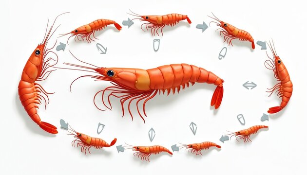 Shrimp grow from tiny larvae to adult form in a circular life cycle. This marine crustacean diagram shows stages of development and growth. Scientific illustration details aquatic animal evolution.
