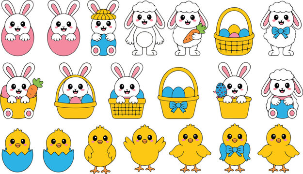 Cute Easter Characters Set with Bunnies Chicks and Baskets Pastel Kawaii Flat Vector Collection