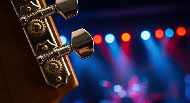 Close-up of guitar tuning pegs with blurred stage lights in background.