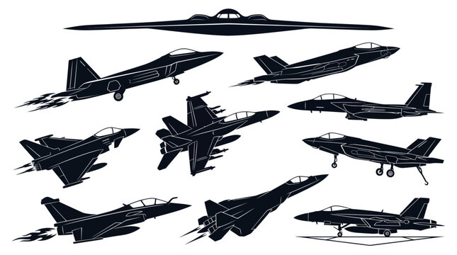 Modern Military Fighter Jets and Stealth Bomber Aircraft Black Vector Silhouette Set