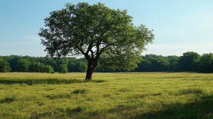 Fototapeta premium 30.Grand tree standing alone in open meadow, dense foliage shimmering in wind, dappled sunlight on ground, serene countryside ambiance, vivid greenery.