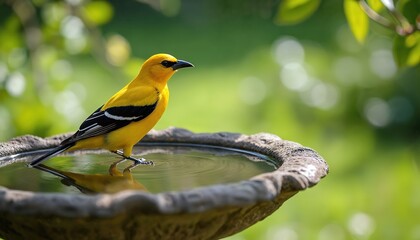 Fototapeta premium Bright yellow oriole bird perches on stone birdbath edge. Small bird reflects in still water. Green garden foliage forms soft background bokeh. Bird drinks water.
