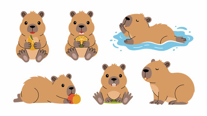 Fototapeta premium Cute Capybara Character Set – Adorable Cartoon Rodents in Relaxing and Playful Poses Flat Vector Collection