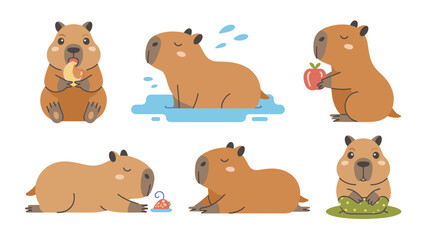 Fototapeta premium Cute Capybara Character Set – Adorable Cartoon Rodents in Relaxing and Playful Poses Flat Vector Collection