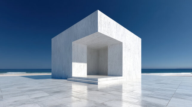 White cube modern building standing on reflective marble surface under blue sky. Futuristic architecture concept for luxury residence, minimalist design, geometric structure, and premium real estate.