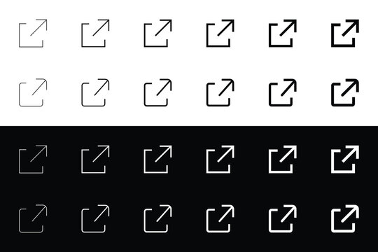 External Link Arrow Icon Set in Different Stroke Weights on Light and Dark Background