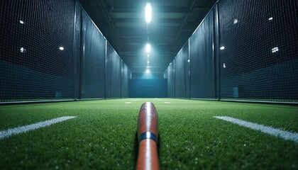 Fototapeta premium Baseball training cage view with bat on turf. Netting walls line indoor tunnel lit by bright overhead lamps. Sports practice facility with deep perspective.
