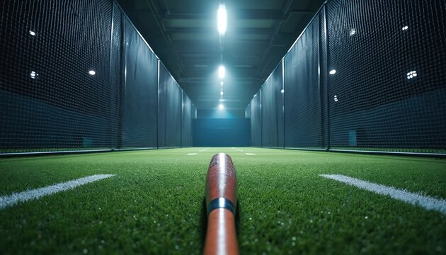 Baseball training cage view with bat on turf. Netting walls line indoor tunnel lit by bright overhead lamps. Sports practice facility with deep perspective.