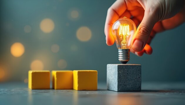 Hand places glowing lightbulb on cube near yellow blocks. Symbolizes new idea innovation startup growth business strategy, concept development progress.