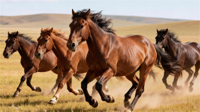 Wild Horses Galloping: A breathtaking capture of wild horses galloping freely across an open, grassy plain, showcasing their power and grace as they move in unison.