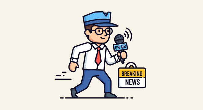 Cartoon journalist rushing with breaking news.
