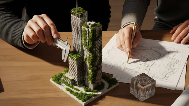 Architects meticulously crafting a sustainable city skyscraper model, focusing on green infrastructure and eco-friendly urban planning for a resilient future