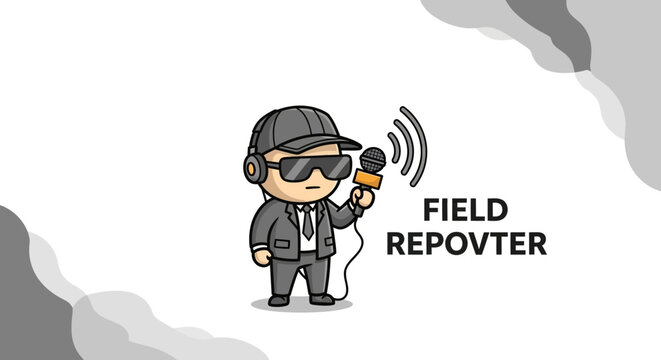 Cartoon field reporter with microphone.
