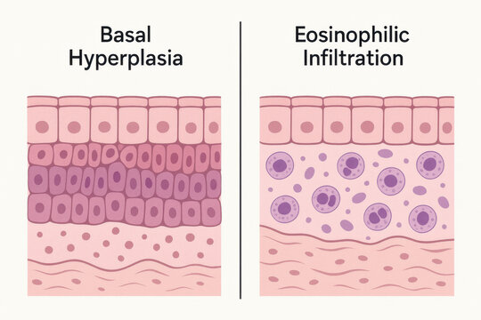 Educational medical illustration and diagram for comparison of basal hyperplasia and eosinophilic infiltration. clear histology and pathology view of abnormal cell and tissue structure