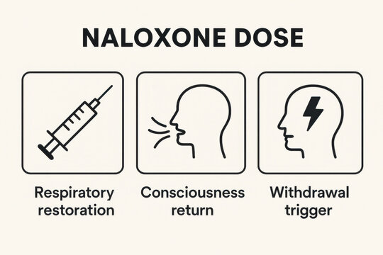 Opioid antagonist dose infographic with icons for respiratory restoration, consciousness return, and withdrawal trigger. medical chart showing stages and effects of overdose reversal